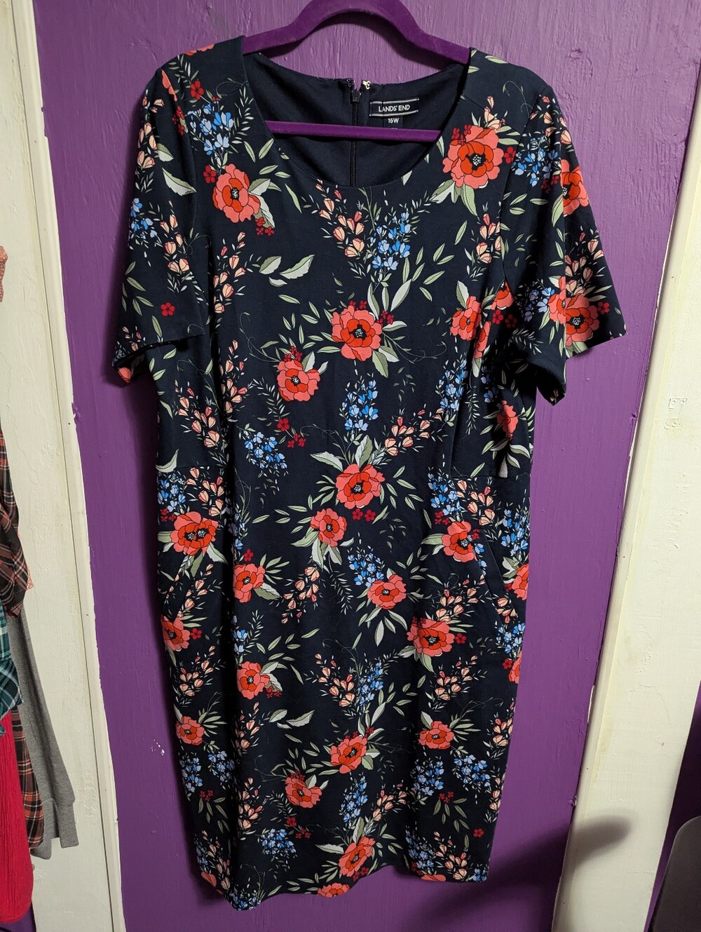 9. NWOT Lands' End Navy Pink Floral Short Sleeve Midi Dress Pockets 16 XL